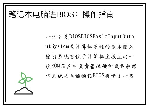 笔记本电脑进BIOS：操作指南